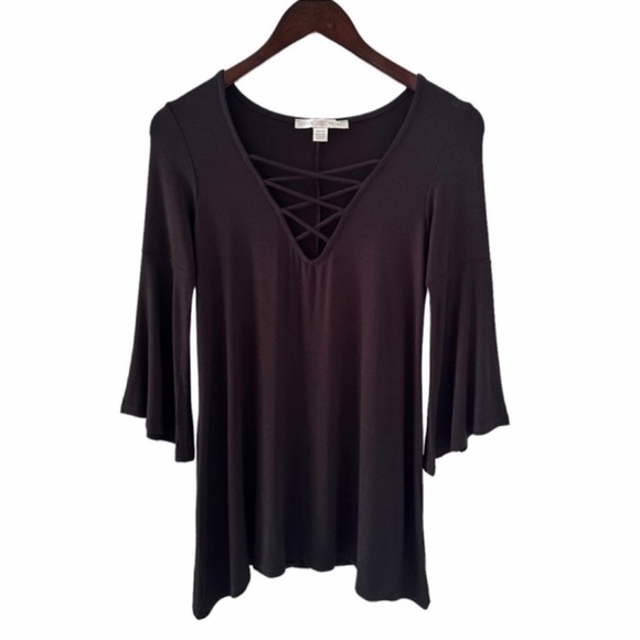 Boston Proper Black V-Neck Criss Cross Front 3/4 Sleeve Top Size XS New - Picture 1 of 5